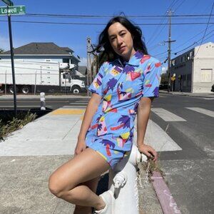 Nooworks Shortalls Snacks Blue Romper Short Outfit Tropical Made in USA Sz L GUC